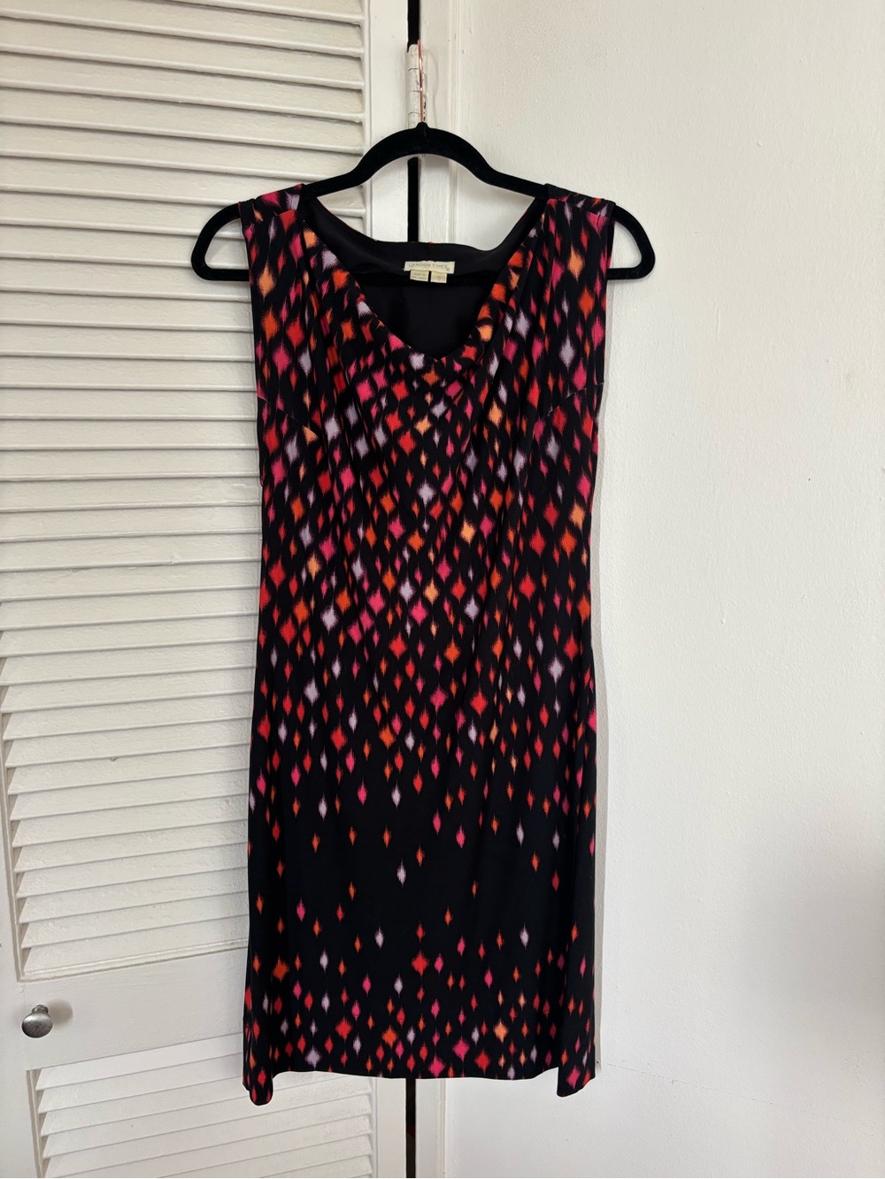 London Times Black Midi Dress with Pink & Orange Diamond Print